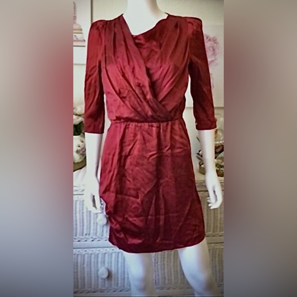 Amour Vert Handmade Silk Ruched Mini Dress Draped Neckline in Bordeaux Sz XS NWT